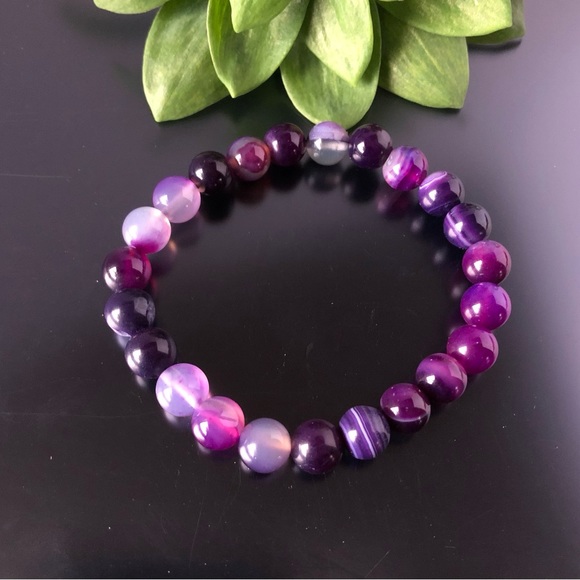 Purple Stripes Agate 8mm Natural Stone Beads Stretchable Bracelet - Picture 4 of 5